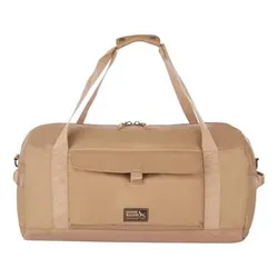 A tan duffel bag featuring two shoulder straps, a front flap pocket, and a zipper closure.