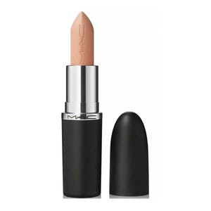 A nude beige lipstick from MAC, featuring a sleek black case with a silver band and cap, engraved with the MAC logo.