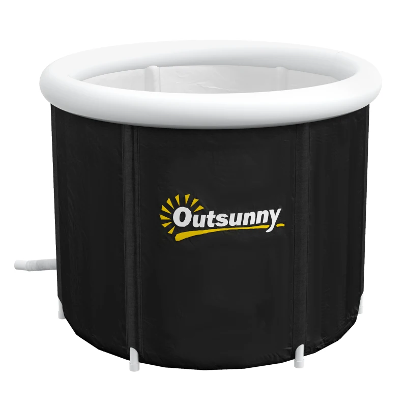A black inflatable hot tub with a white rim, featuring the Outsunny logo.
