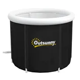 A black inflatable hot tub with a white rim, featuring the Outsunny logo.