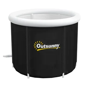 A black inflatable hot tub with a white rim, featuring the Outsunny logo.