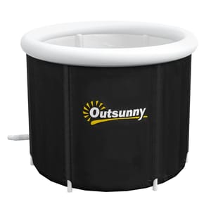 A black inflatable hot tub with a white rim, featuring the Outsunny logo.