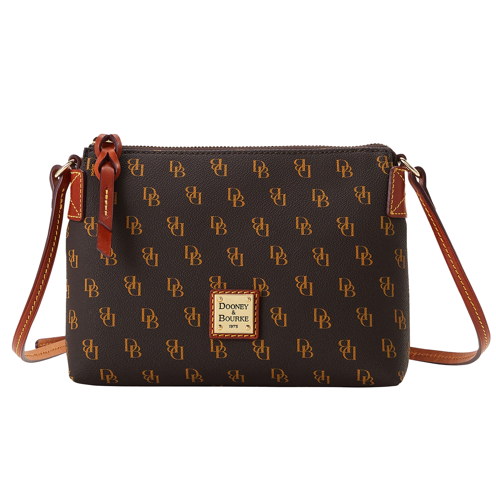 Dooney Gretta Rosie Crossbody features a brown leather exterior with a DB monogram pattern, gold-tone logo plaque, and red and brown accents. It has a zip closure and adjustable strap for hands-free wear.