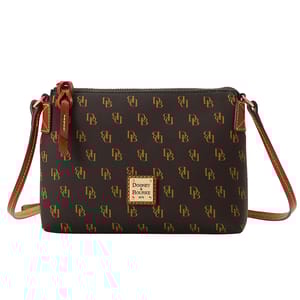 Dooney Gretta Rosie Crossbody features a brown leather exterior with a DB monogram pattern, gold-tone logo plaque, and red and brown accents. It has a zip closure and adjustable strap for hands-free wear.
