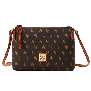 Dooney Gretta Rosie Crossbody features a brown leather exterior with a DB monogram pattern, gold-tone logo plaque, and red and brown accents. It has a zip closure and adjustable strap for hands-free wear.