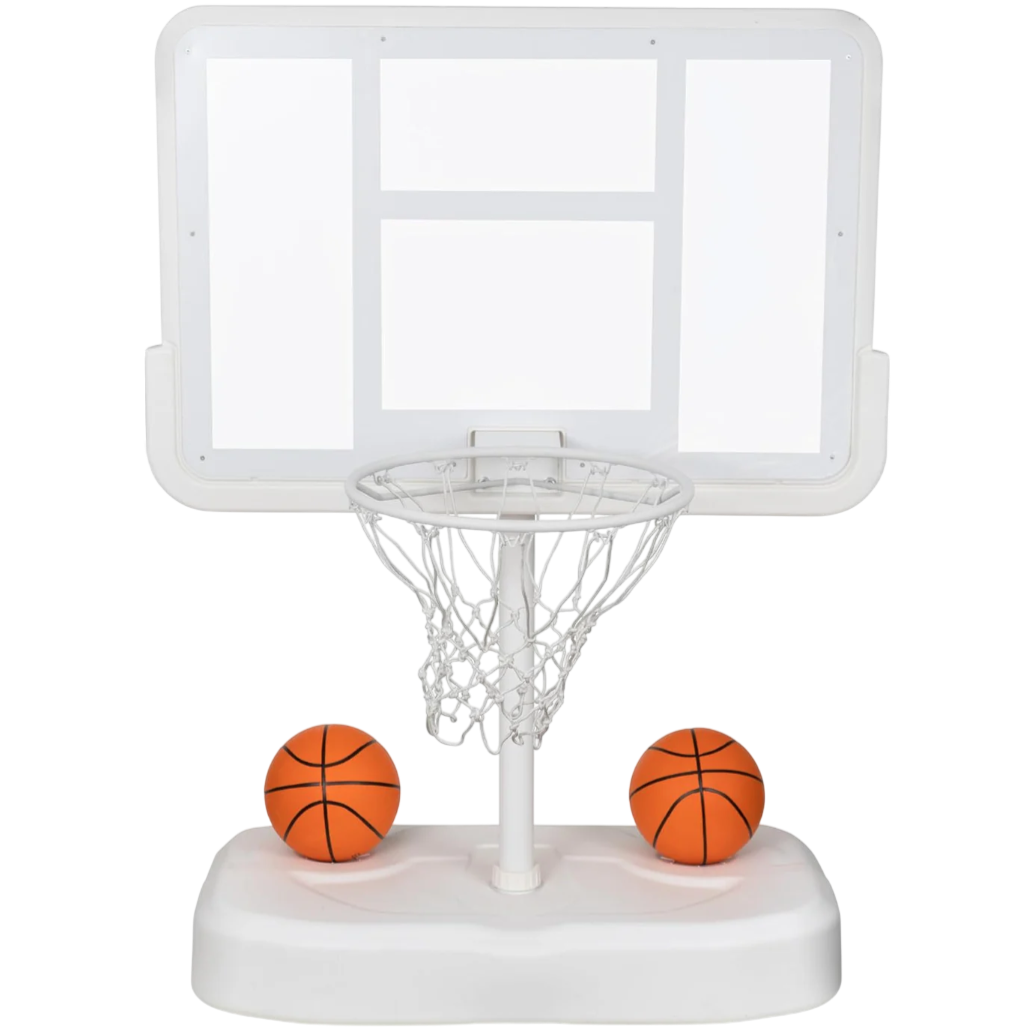 Mini basketball hoop set with a white backboard, a hoop, net, and two small orange basketballs.