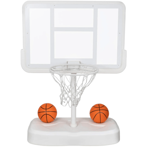 Mini basketball hoop set with a white backboard, a hoop, net, and two small orange basketballs.