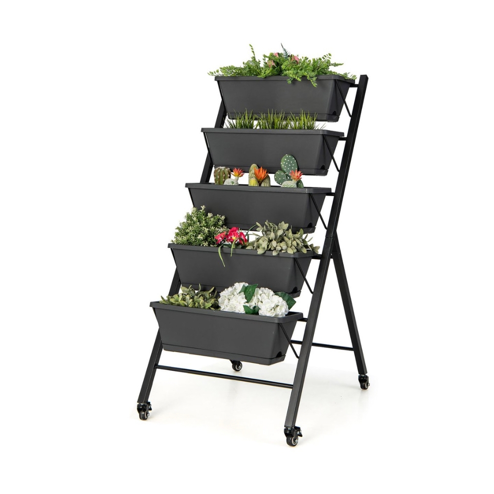 5-Tier garden bed with wheels, featuring black, tiered planters holding various plants and flowers, designed for easy mobility and vertical gardening.