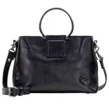 A black leather handbag with circular metal handles and a detachable shoulder strap, featuring a small embossed floral detail.