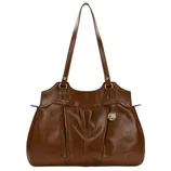 A brown leather handbag with double handles and a decorative metal charm. The design features pleats on the front and a small embossed logo in the corner.