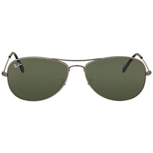 Ray-Ban Cockpit Aviator Sunglasses feature a sleek gunmetal frame, green lenses, and the iconic Ray-Ban logo on the left lens. They have a double bridge and thin temples for a classic aviator look.