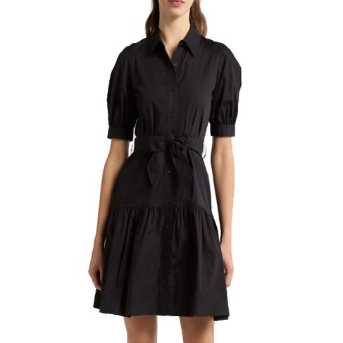 A black, short-sleeved, knee-length shirt dress with a tie-front belt and pleated skirt, featuring button details.