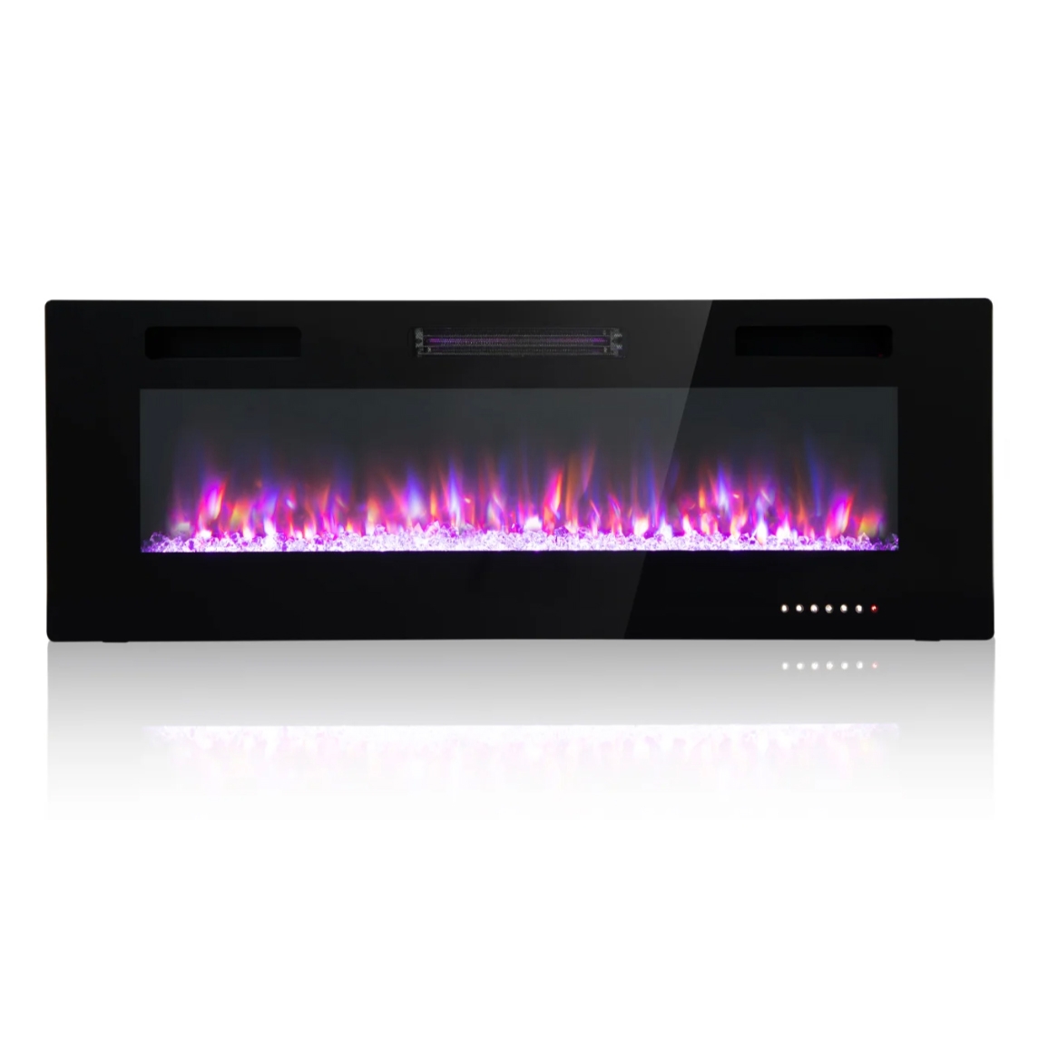 An electric fireplace with purple flames and glass pebbles.