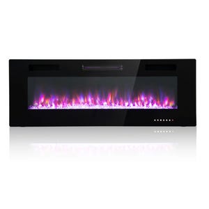 An electric fireplace with purple flames and glass pebbles.