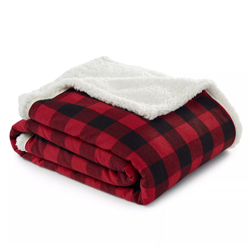 A red and black plaid blanket with a white, fluffy sherpa lining, folded neatly.
