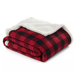 A red and black plaid blanket with a white, fluffy sherpa lining, folded neatly.