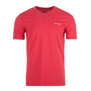 Red short-sleeve crew neck T-shirt with a small logo on the left chest.