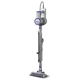 A Black+Decker cordless stick vacuum cleaner with a slim, lightweight design, featuring a wall-mounted charging dock and an elongated cleaning wand.