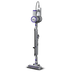 A Black+Decker cordless stick vacuum cleaner with a slim, lightweight design, featuring a wall-mounted charging dock and an elongated cleaning wand.