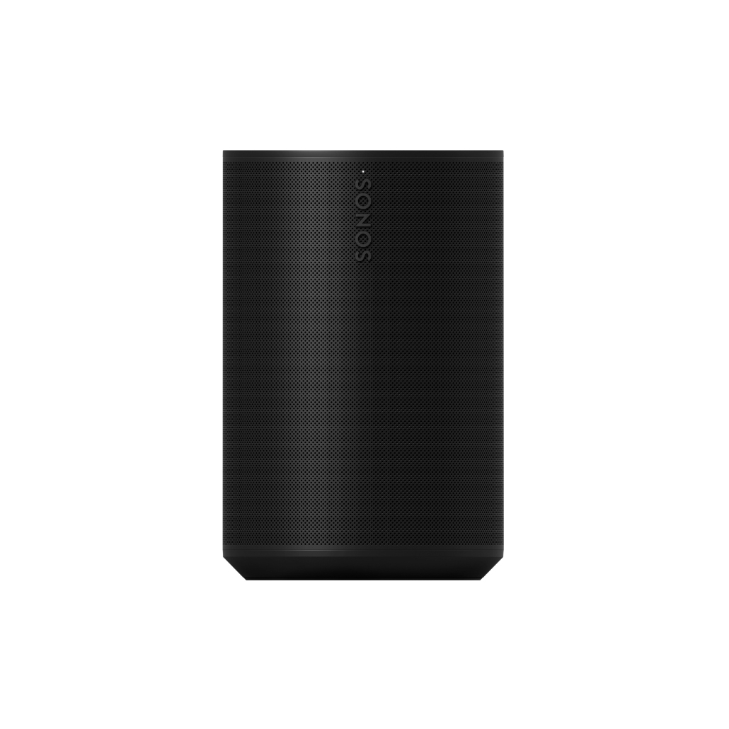 Sonos portable wireless speaker in black, featuring a compact, cylindrical design for versatile audio use indoors and outdoors.