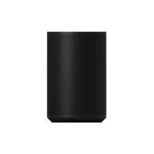 Sonos portable wireless speaker in black, featuring a compact, cylindrical design for versatile audio use indoors and outdoors.