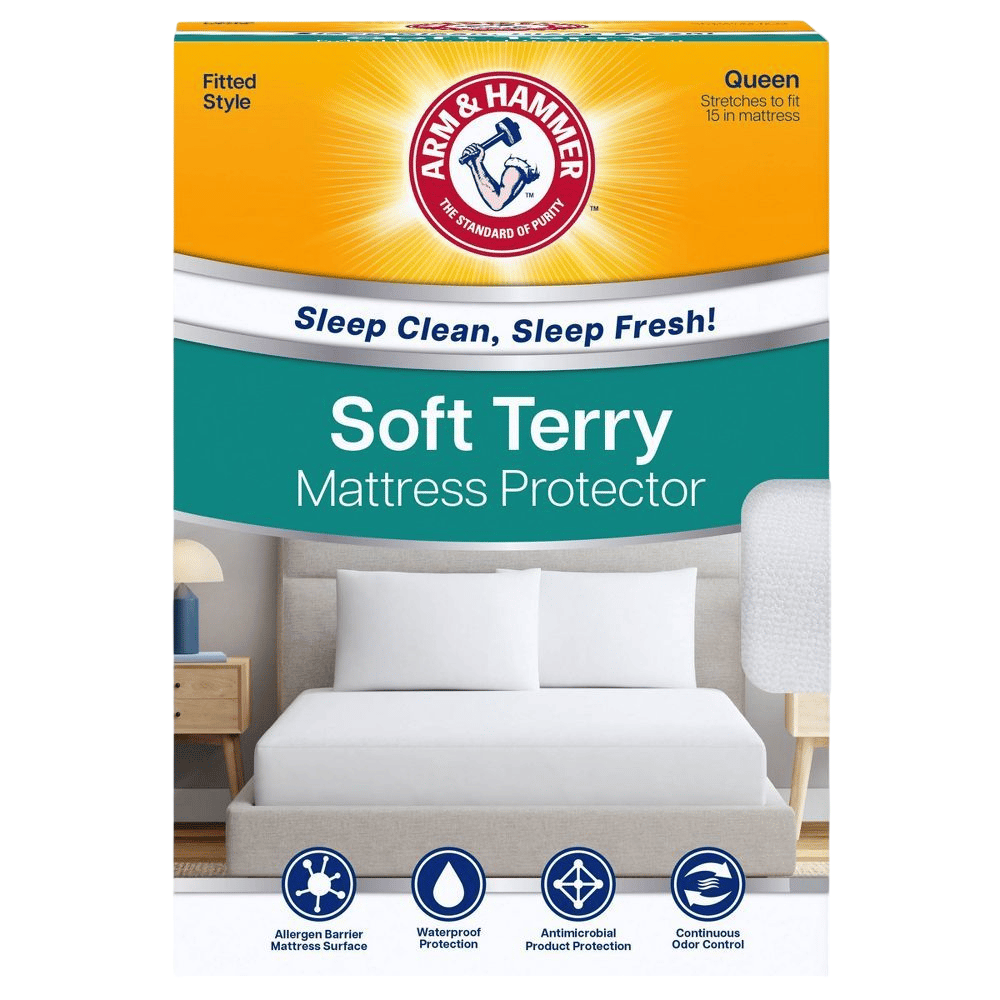 Arm & Hammer Soft Terry Mattress Protector, Queen size (fits up to 15 inches), features allergen barrier, waterproof and antimicrobial protection, and continuous odor control.