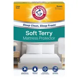 Arm & Hammer Soft Terry Mattress Protector, Queen size (fits up to 15 inches), features allergen barrier, waterproof and antimicrobial protection, and continuous odor control.