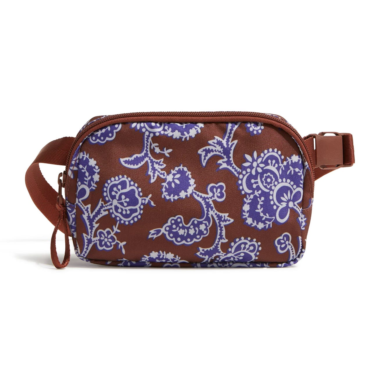 Brown crossbody bag with purple floral paisley print and adjustable strap.
