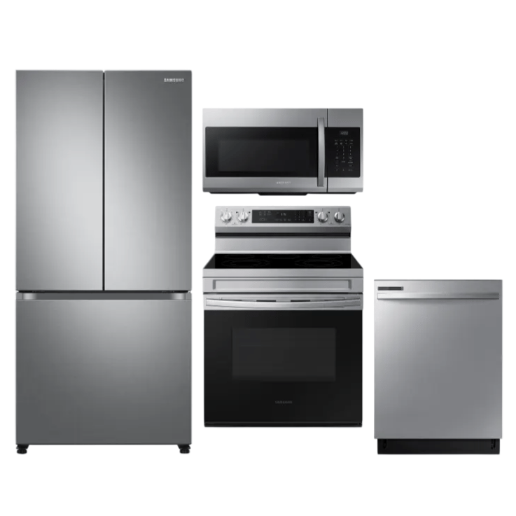 Stainless steel kitchen appliances set including a French door refrigerator, over-the-range microwave, electric range with oven, and a dishwasher.