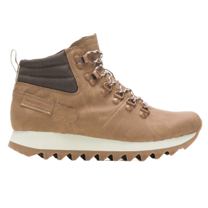 Merrell Women's Alpine Hikers are tan leather hiking boots with a padded dark brown ankle collar, metal eyelets, and multi-colored laces. They feature a durable, ridged outsole for traction and comfort.