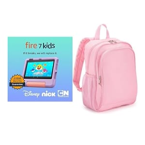 A kids' tablet with a colorful protective case and logos of popular children's networks, alongside a pink backpack.