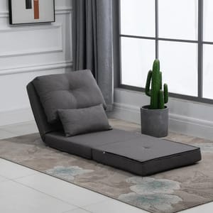 A gray adjustable floor chair with a matching pillow, next to a potted cactus.