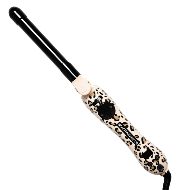 The Beachwaver S.75 Curling Iron features a slim black barrel and a handle with a leopard print pattern, designed for creating defined curls.