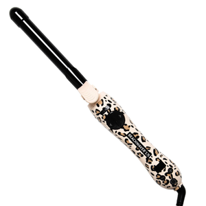 The Beachwaver S.75 Curling Iron features a slim black barrel and a handle with a leopard print pattern, designed for creating defined curls.