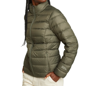 Olive green Eddie Bauer women's down jacket with a high collar and quilted design, featuring a full front zipper and logo on the left sleeve.