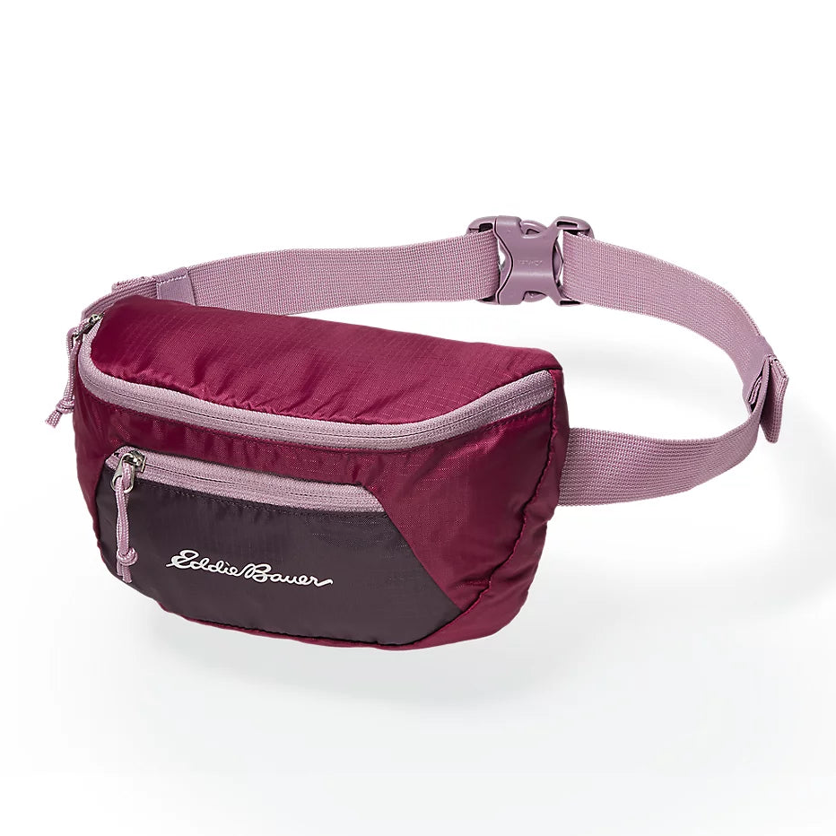 Burgundy and gray waist pack with adjustable strap and multiple zippered compartments.