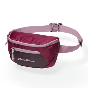 Burgundy and gray waist pack with adjustable strap and multiple zippered compartments.