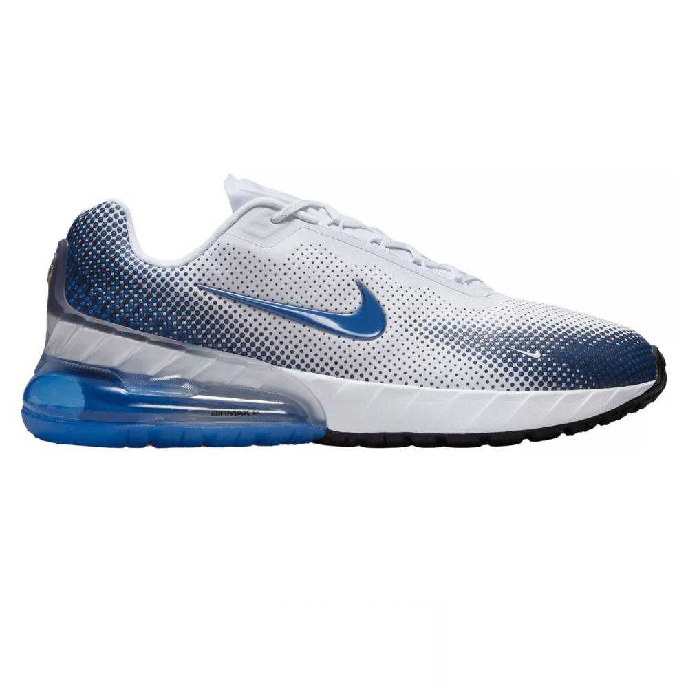 A white and blue Nike Air Max sneaker featuring a perforated design, a prominent Swoosh logo, and a visible blue air cushion in the sole.