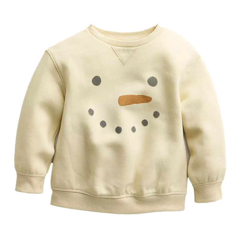 A cream-colored kids' sweatshirt with a graphic of a snowman face, featuring a beige horizontal line for a mouth and black dots for eyes and mouth.