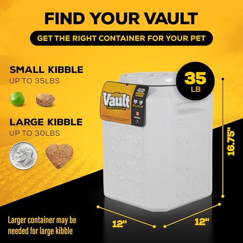 Pet food container guide: Small kibble container holds up to 35 lbs, large kibble up to 30 lbs. Container dimensions: 12\“ x 12\“ x 16.75\“.