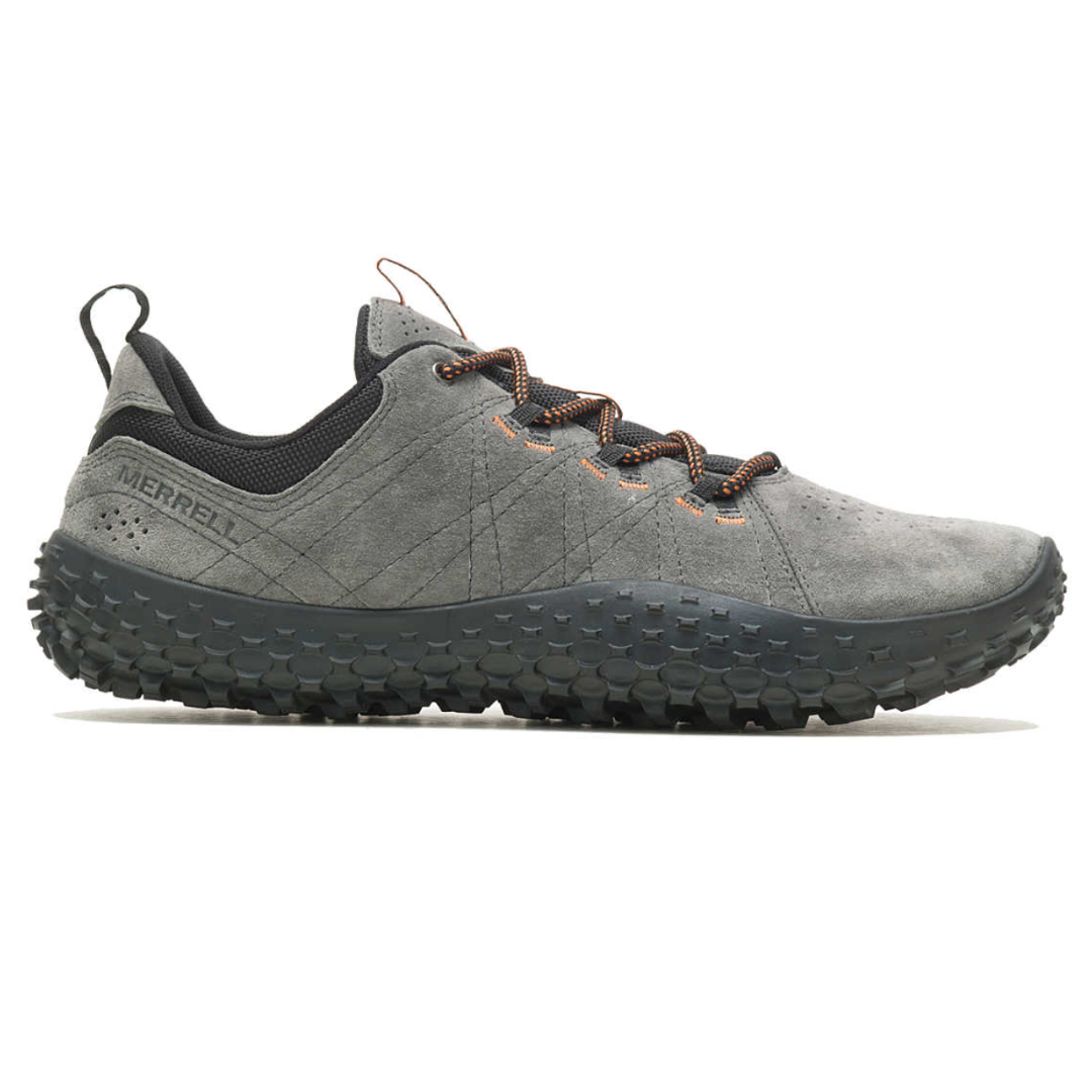 Merrell hiking shoe with a rugged textured sole, gray suede upper, and orange-accented laces.