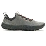 Merrell hiking shoe with a rugged textured sole, gray suede upper, and orange-accented laces.