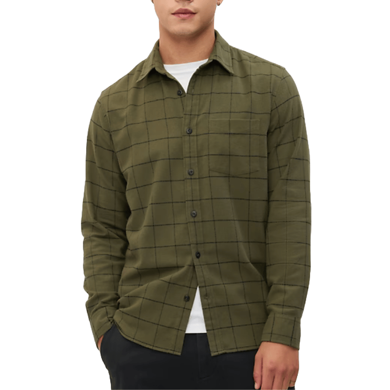 Men's olive green, long-sleeve flannel shirt features a black grid pattern, button-up front, and chest pocket, layered over a white undershirt.