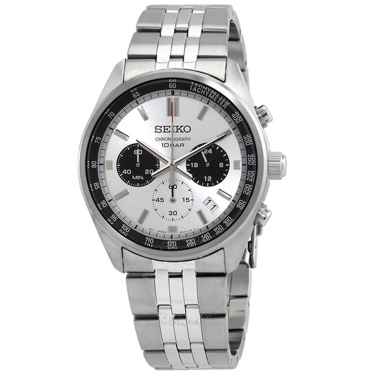 A Seiko chronograph watch with a stainless steel bracelet, featuring a silver and black dial. It includes a tachymeter, subdials for minutes and seconds, and is water-resistant up to 10 bar.
