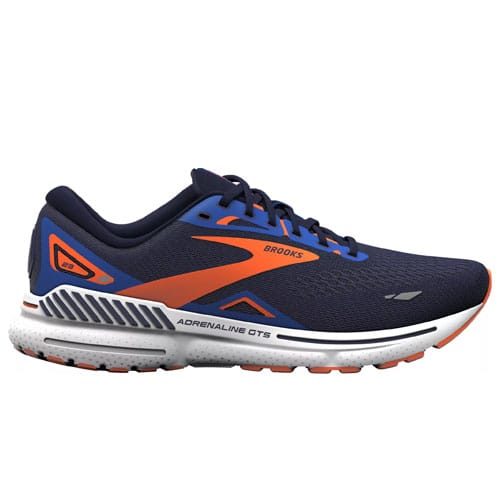 A blue and orange Brooks Adrenaline GTS running shoe.