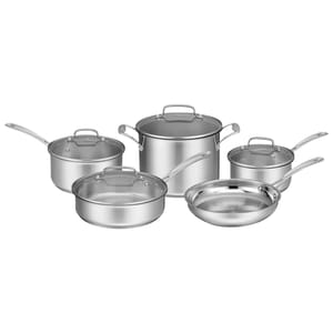 9-piece Cuisinart cookware set includes a stockpot, two saucepans, a sauté pan, and a frying pan, all with stainless steel finish. Some pieces come with matching lids.
