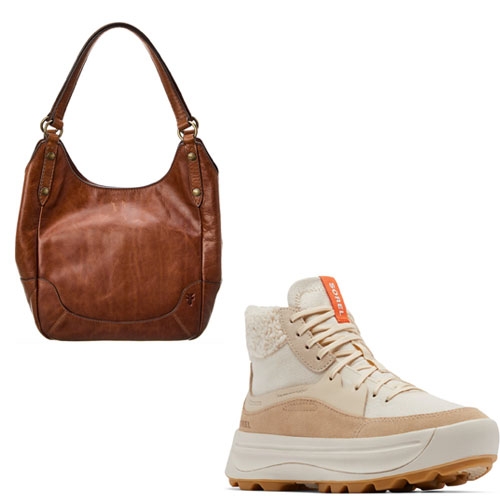 A brown leather shoulder bag and a pair of beige high-top sneakers with sherpa lining.