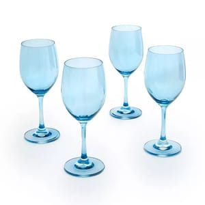 Four light blue wine glasses with sleek, elegant stems designed for white wine. They have a classic shape and each glass rests on a wide, stable base.