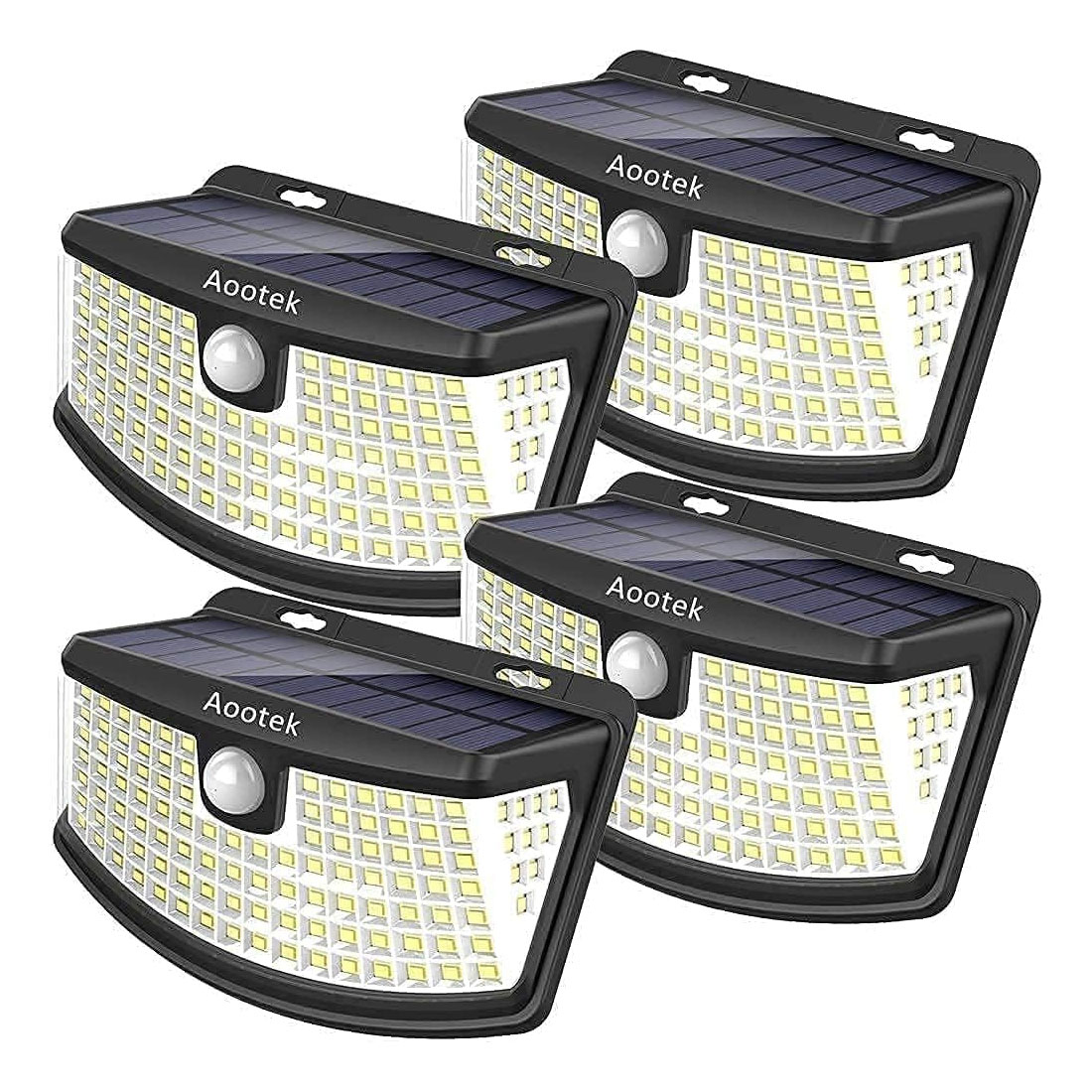 Four Aootek solar-powered motion-sensor security lights with LED panels, black casing, and mounted motion detectors for outdoor use.