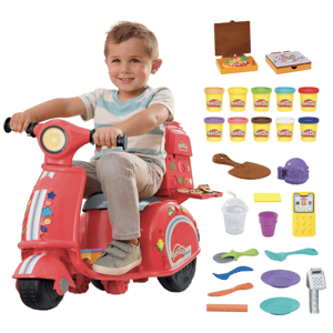Child on a red toy scooter with Play-Doh branding, surrounded by 12 Play-Doh cans and various accessories including a pizza box, utensils, and pretend food tools.